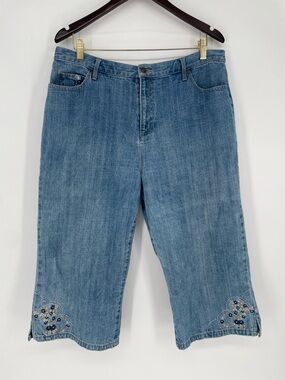 Christopher & Banks Y2K Style Flower Embroidered Denim Capris 100% Cotton SZ 16